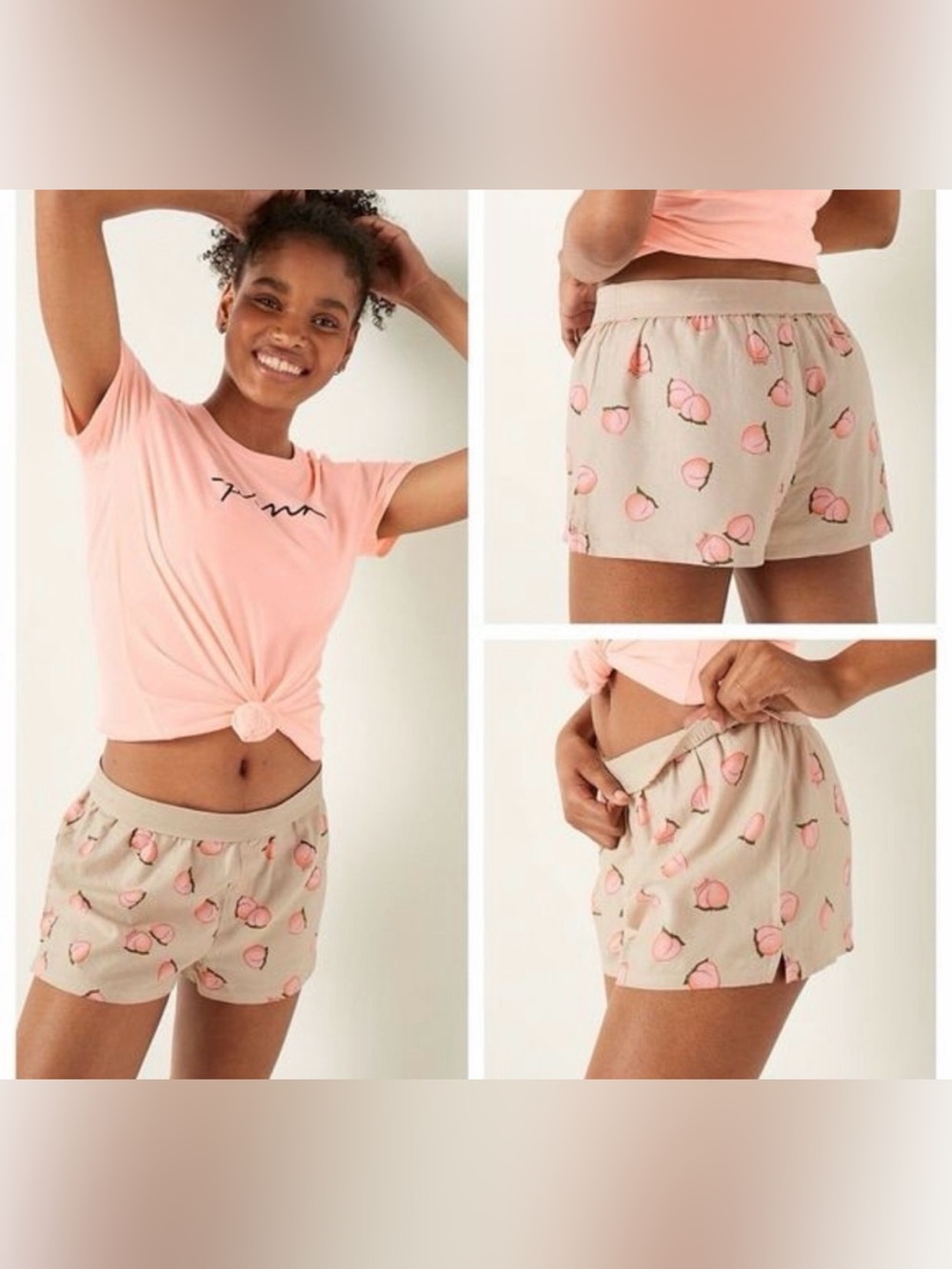VS Pink Flannel Sleep Boxy Short Shortie Vanilla Peach Women’s Size Large Girly